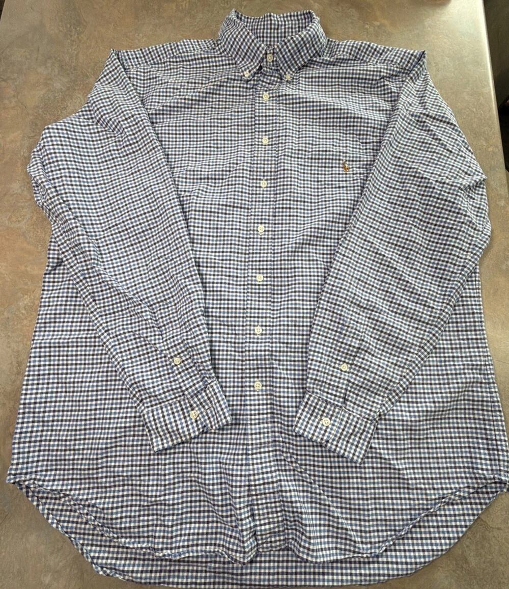 Ralph Lauren Shirt Mens XLT Tall Blue Brown Check Plaid Classic Fit Button Down